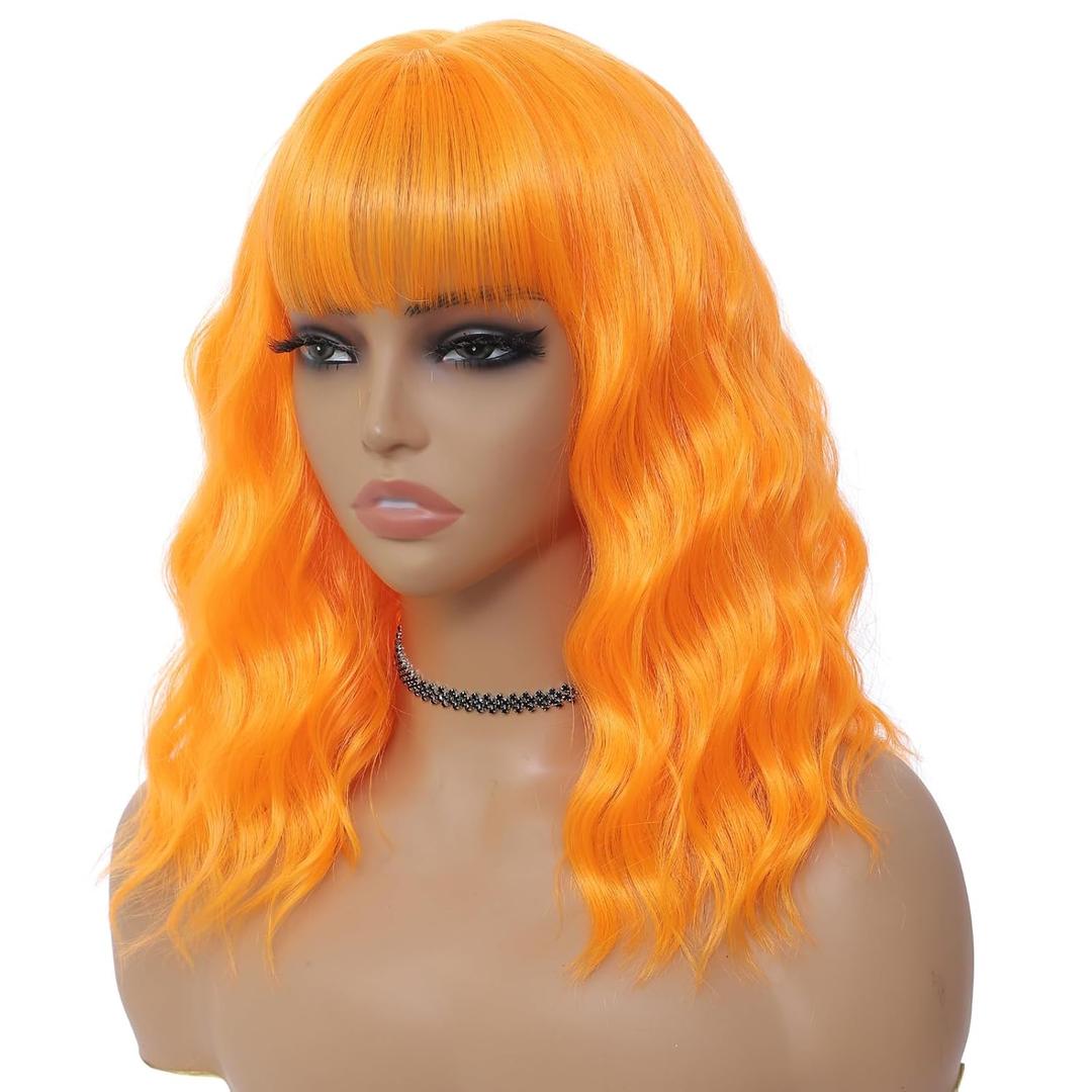 MINLEE Orange Wig with Bangs for Women 14 Inch Short Bob Wavy Curly Wig Orange Hair Wigs Heat Resistant Synthetic Wigs and Attachments