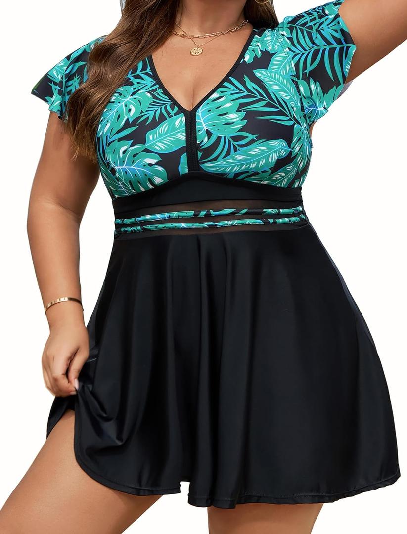 Arolina Women's Plus Size Tankini Swimsuits Swim Dress Mesh Bathing Suits Two Piece Ruffle V Neck Swimwear with Swim Shorts, 18W 