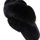 Comwarm Women's Cross Band Fuzzy Slippers Fluffy Open Toe House Slippers Cozy Plush Bedroom Shoes Indoor Outdoor (8.5-9.5, Black)