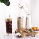 2 Pcs Glass Cups Set - 24oz Mason Jar Drinking Glasses with Bamboo Lids & Straws & 2 Airtight Lids, Cute Reusable Smoothie cup, Iced Coffee Glasses, Travel Tumbler for Bubble Tea, Juice