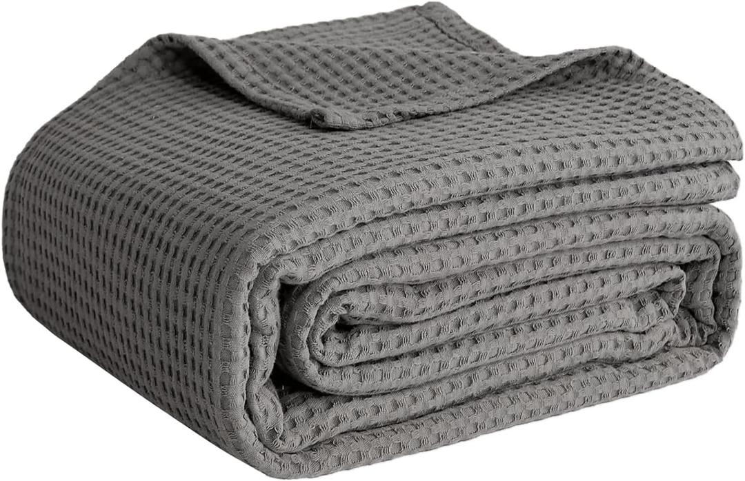 100% Cotton Blankets for Bed - Waffle Weave Blankets for Summer, Lightweight and Breathable Soft Woven Blanket for Spring (Dark Grey, Throw (50" x 60"))