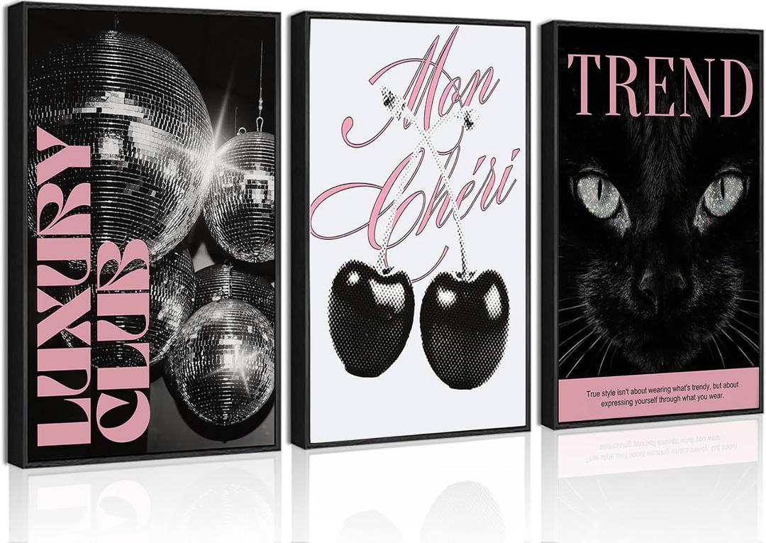 3Pcs Unframed Trendy Pink Preppy Wall Art Fashion Cat Disco Ball Cherry Canvas Posters Prints Funky Y2k Wall Decor Pictures for Girly Bedroom Apartment Dorm Decorations