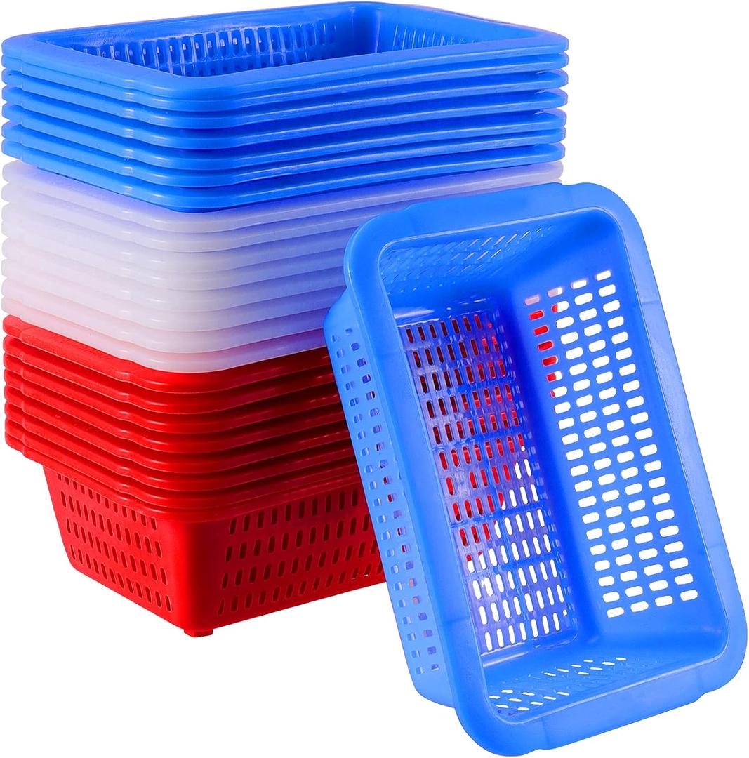 SHEUTSAN 24 Packs 9 x 6.3 x 2.8 Inches Plastic Storage Baskets, 8 each of White, Red, Blue Storage Baskets Colored Organizer Trays Plastic Holders Bins for Classroom, Office, Kitchen, Shops