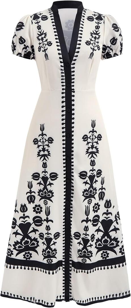 Women's Retro Print Puff Sleeve Dress Elegant Button Down Notch V Neck Maxi Going Out Dresses, Medium