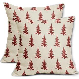 Christmas Tree Pillow Covers 18x18 Set of 2 Red Xmas Rustic Style Winter Print Decorative Outdoor Pillowcases Farmhouse Vintage Holiday Decorations Throw Cushion Case Decor for Couch Sofa Bed