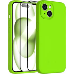 Dssairo Compatible with iPhone 15 Case,Upgrade Liquid Silicone,with 2 Screen Protector[Enhanced Camera Protection][Scratch-resistant soft microfiber lining]Slim Cover Phone Cases (Fluorescent Green)