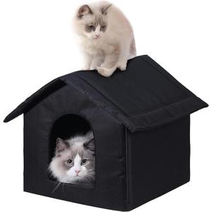 Outdoor Cat House Cat House for Outdoor and Indoor Use - Waterproof Shelter for Cats, Dogs, and Feral Animals (Black cat House, Large)