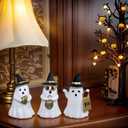Resin Small White Ghost Figurines, 3PCS Ghosts with Witch Hats, Cute Ghost Statue for Spooky Halloween Decor, for Indoor Halloween Party Tabletop Home Shelf Decoration (Set of 3, White, Black and Gold)