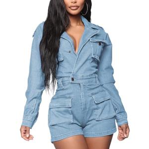 SheKiss Denim Romper for Women 2026 Long Sleeves Cute Jean Jumpers Outfits Blue Button Jumpsuit Shorts No Size