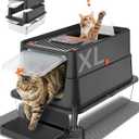 Stainless Steel Litter Box with Flip Lid, XL Extra Large Cat Litter Box with High Sided Top Entry Design, Anti-Leakage Enclosed Metal Litterbox for Big Cats, with Handle, Mat, Pedal & Scoop, Black