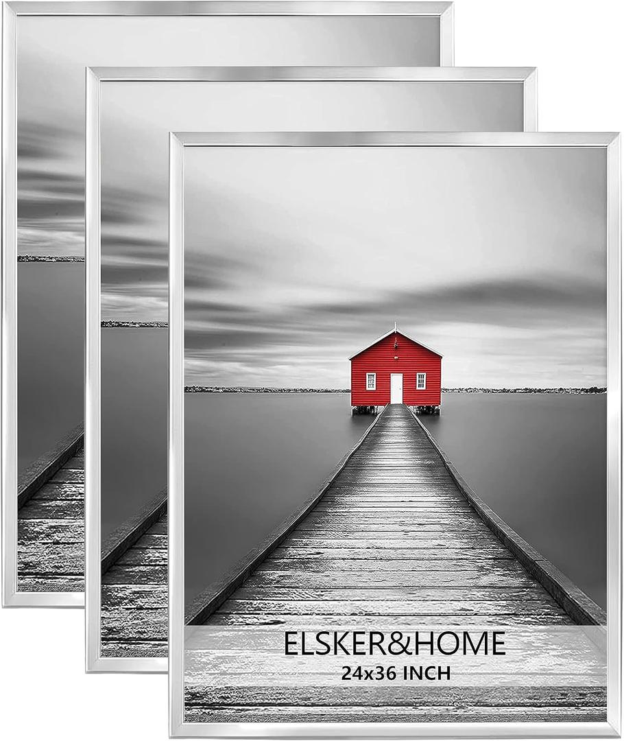 ELSKER&HOME 24x36 Poster Frame 3 Pack, Sliver Picture Frame for Horizontal or Vertical Wall Mounting,Sturdyand Scratch-proof