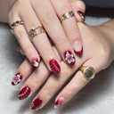 30Pcs Red Almond Press on Nails Short Fake Nails with Flower Steel Ball Design French Tip Nails Press ons Artificial False Nails Spring Flower Stick on Nail Full Cover Glue on Nail for Women Manicure