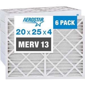 Aerostar 20x25x4 MERV 13 Pleated Air Filter, AC Furnace Air Filter, 6 Pack (Actual Size: 19 1/2"x24 1/2"x3 3/4")
