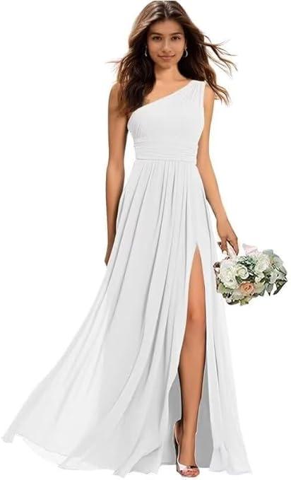 Elegant One Shoulder Bridesmaid Dresses A-line Tea Length Pleated Chiffon Formal Gowns for Women, Size 13