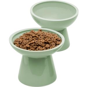 CEEFU 2 Elevated Ceramic Cat Bowls Extra Wide for Food & Water Whisker Fatigue Shallow Food Dish, Lead & Cadmium-Free, Raised Height for Cats, Sage Green