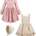 Nuoqi Prairie Dress Girls Pioneer Colonial Costume Long Sleeve 1800s Victorian Dress with Apron, 4-5, Pink