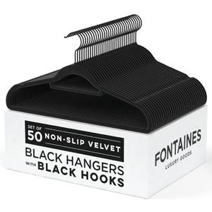 Fontaines Luxury Black Velvet Felt Non Slip Clothes Hangers 50 Pack - Ultra Slim & Space Saving - Heavy Duty Swivel Hook for Clothing, Suit, Top, Tie, Shirt, Skirt & Pant Organization (Adult)