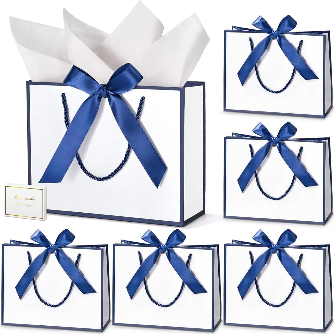 DOYIDE 30 Pcs Thank You Gift Bags with Tissue Paper, 9x7x3.1in Paper Gift Bags with Handles, Gift Wrap Bags with Bow Ribbon for Wedding Birthday Baby Shower Bridesmaid Party (White and Navy)