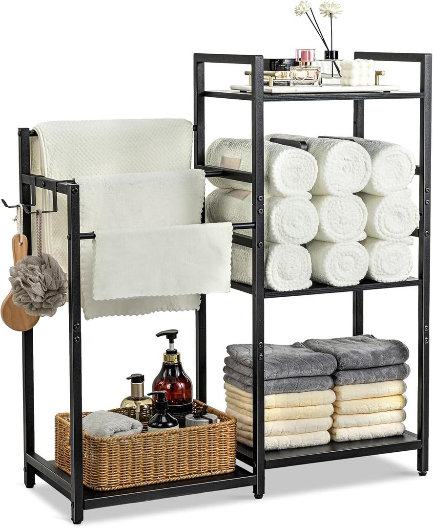 Aquzee Towel Storage for Bathroom, 3-Tier Towel Drying Rack Stand, Standing Towel Racks, 2 Hooks for Looafhs, Towel Holder for Rolled Folded Drying Towels, Black