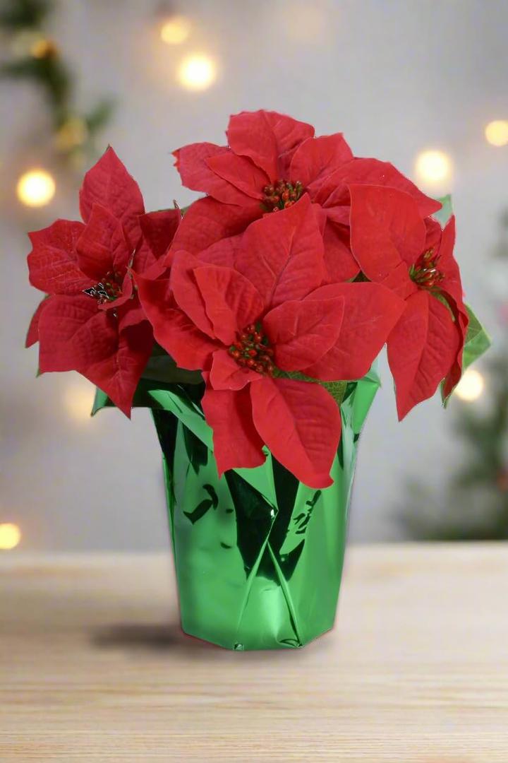 14" Potted Red Poinsettia Plant with 5 Flowers, Artificial Potted Poinsettia