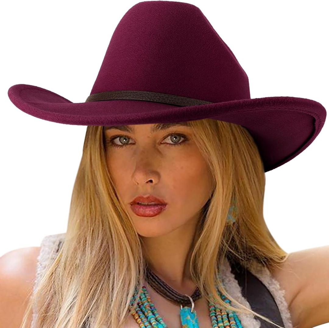 DRESHOW Classic Western Felt Cowboy Cowgirl Hat for Women Men Outdoor Wide Brim Belt Buckle Panama Hat Unisex Rolled up Caps (Large, 1 Pack Style 2: Burgundy)