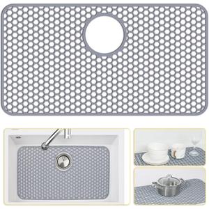 Silicone Sink Protectors for Kitchen Sink with Rear Drain - 26"x 14" Kitchen Protector Accessory, Non-Slip Heat Resistant Grid Mat for Bottom of Farmhous Peorcelain Stainless Steel(Rear Hole) (Gray(1 Pack))