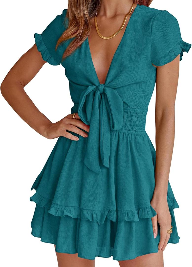 PRETTYGARDEN Summer Short Dress for Women 2024 V Neck Short Sleeve Ruffle Hem Swing Mini Dress (Lake Blue, X-Large)