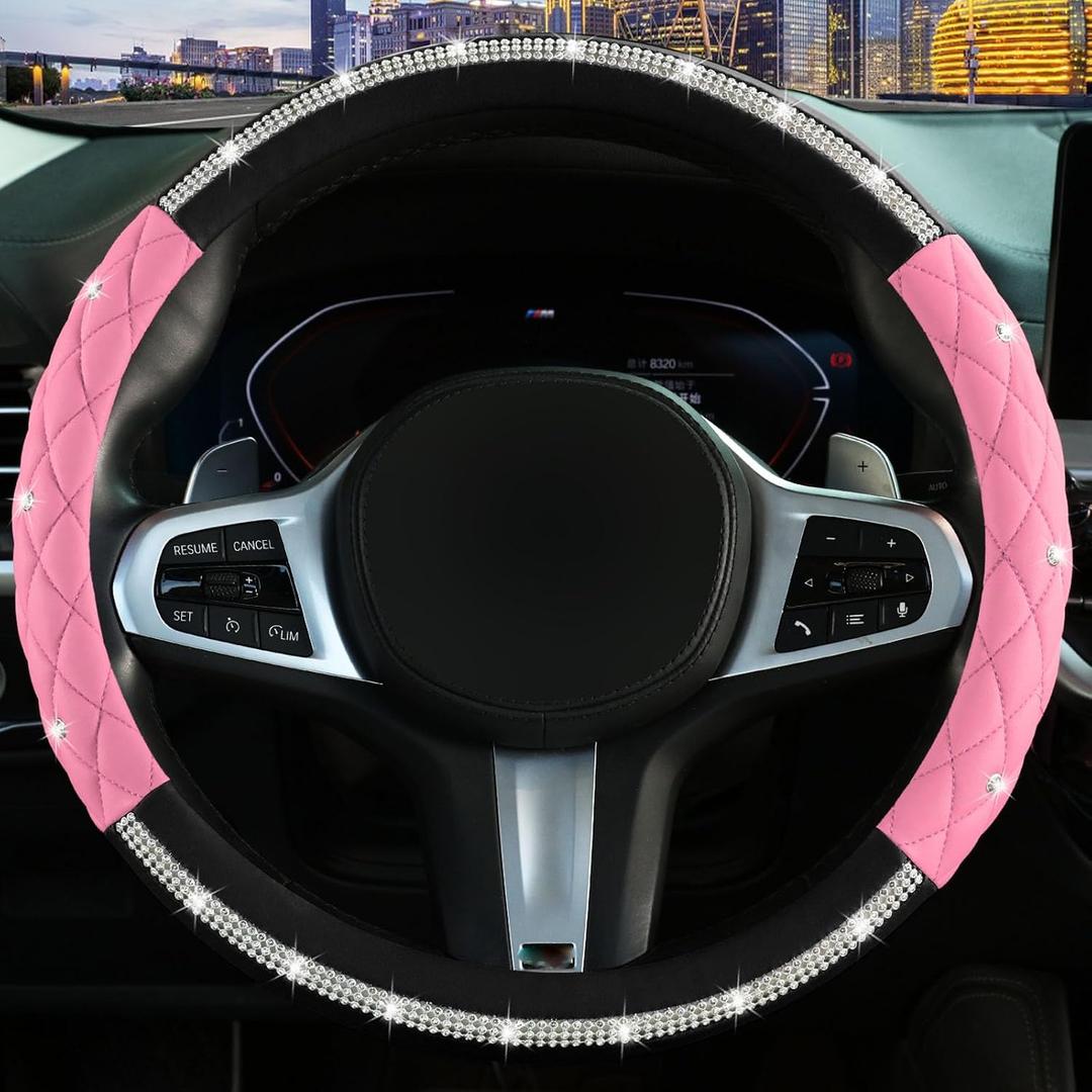 Steering Wheel Coverwith Diamond Crystal Rhinestone,Delicate and Anti-Slip Bling Steering Wheel Cover Adaptable to 14.5-15 inches Car Wheel Protector for Women Girl Black & Pink