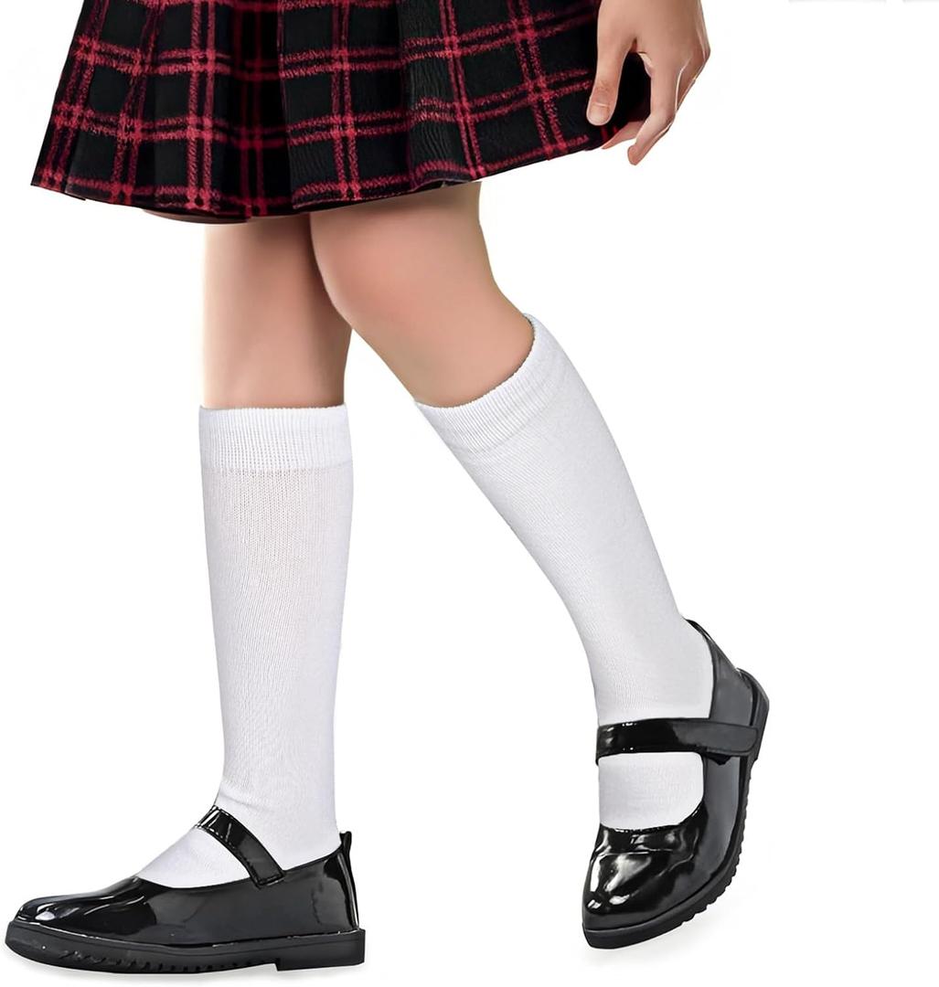 Lusofie 2 Pairs Knee High Socks for Girls 4-8 years Old, Black White Mid-Calf School Uniform Long Socks Soft for Kids