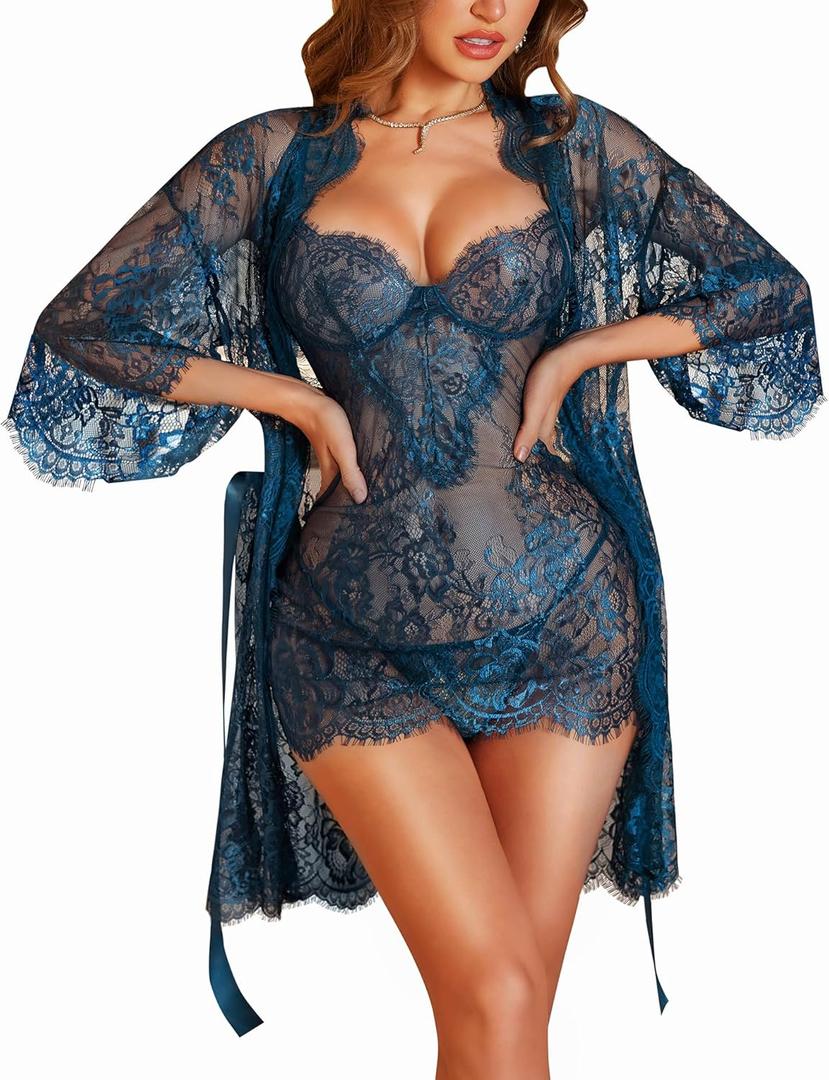 RSLOVE Lingerie Sets for Women Sexy - 3 Piece Babydoll Lace Kimono Robe Chemise Nightwear Exotic Sleepwear Mesh Nightgown (Medium, Peacock Blue)