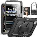 SEYMAC for iPad Pro 11 Inch Case M5 2025 / M4 2024, Heavy Duty Shockproof Protective Case with Screen Protector, 360 Rotating Stand, Hand/Shoulder Strap and Pen Holder, Black