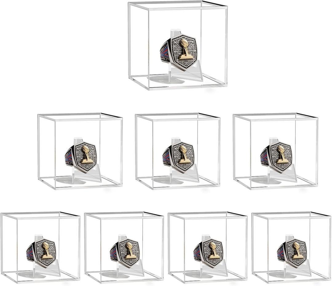 8 Pack Championship Ring Display Case with Stand, 2.5" Square Clear Acrylic Holder for Sports Rings, Memorabilia Showcase for Championship Ring