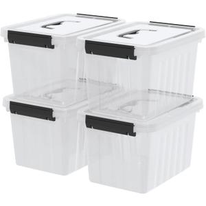 Kekow 6 L Clear Storage Box, Plastic Storage Latch Box with Black Handle, 4-Pack