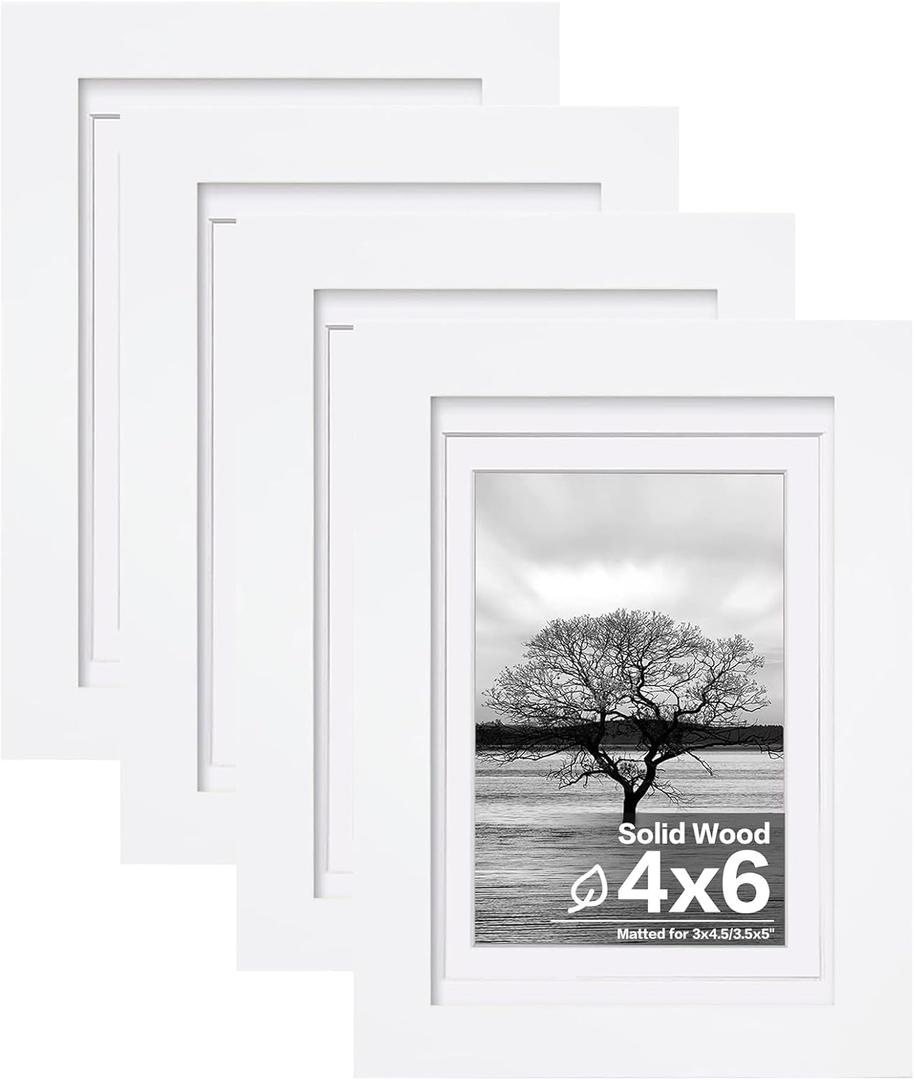 Egofine 4x6 Picture Frames Set of 4, Made of Solid Wood Covered by Plexiglass 3.5x5 with Mat or 4x6 without Mat, for Table Top Display and Wall Mounting Photo Frame White