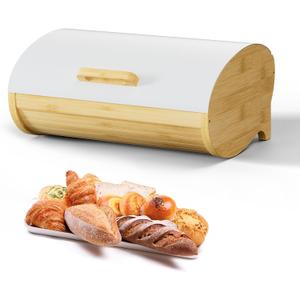 Modern Bread Box for Kitchen Countertop, Bamboo Storage Container with Stainless Steel Lid, Bread Storage Bin for Homemade Bread, Kitchen Storage Container for Potato and Onion and Fruit (White Large)