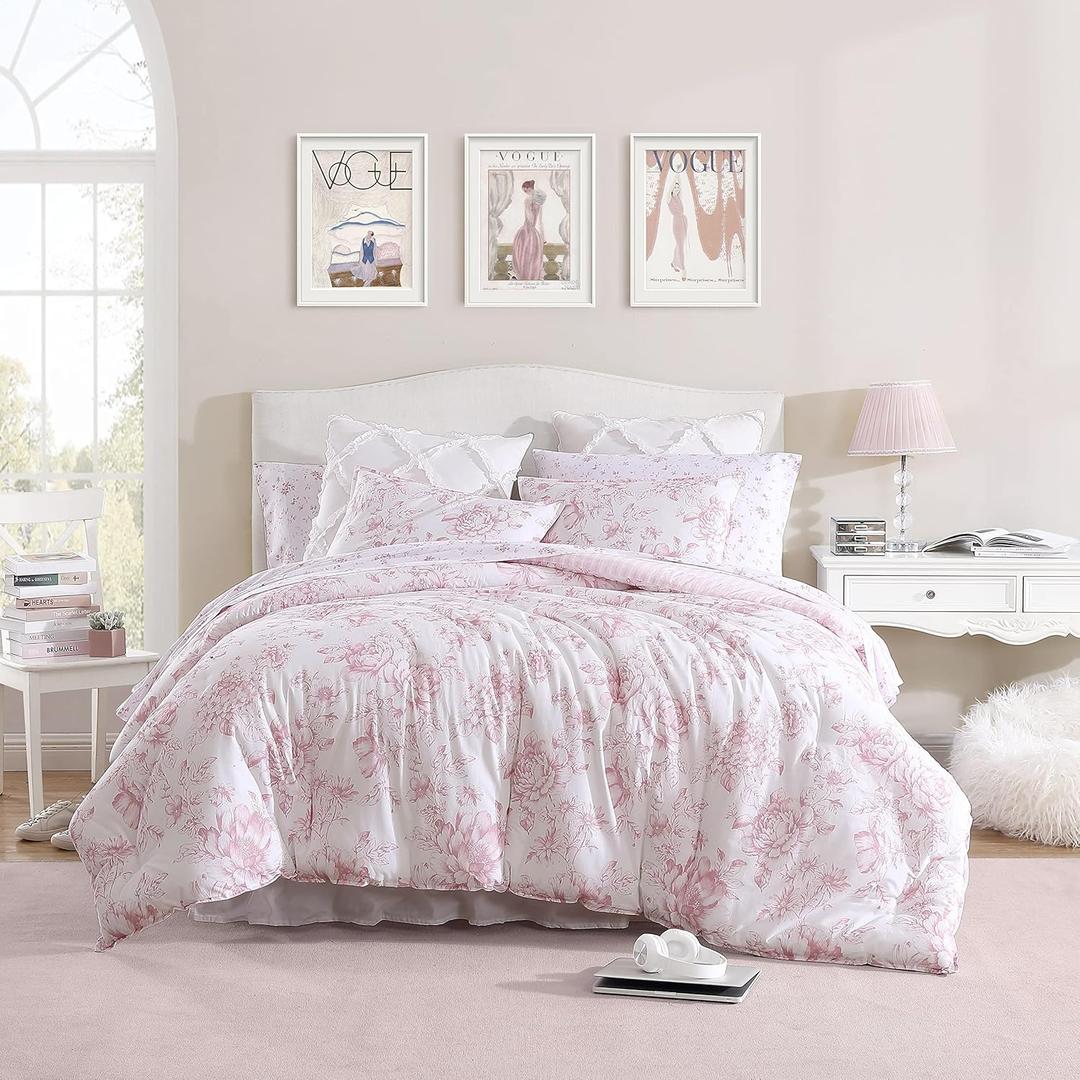 Laura Ashley- Twin XL Comforter Set, Reversible Cotton Bedding with Matching Sham(s), Dorm Essentials (Delphine Mauve Pink)