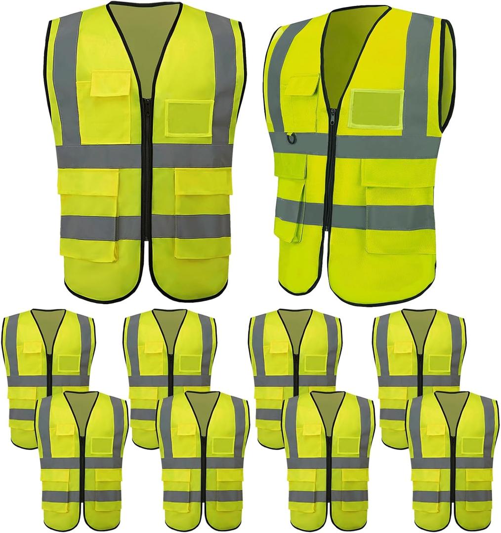10 Pack Reflective Safety Vests with Pockets & Zipper, High Visibility Yellow Construction Vest for Men Women, Durable ANSI Class 2 Work Vest Strips Vests for Outdoor Work (XX-Large, Chartreuse)