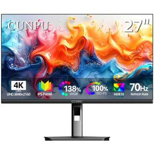 CUNPU 27 Inch 4K 70Hz Monitor, UHD (3840 * 2160) IPS Ultra-Slim Bezel Monitor for Photo Video Editing, E < 2, 100% DCI-P3, 1.07B+ Colors, PIP-PBP, Adaptive Sync, DP/HDMI, Black