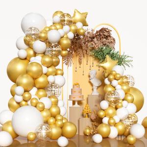 New Year Balloon Arch Kit 135pcs White Gold Balloon Garland Arch Kit with Star Metallic Gold Confetti Balloon Arch Kit for Baby Shower Birthday Wedding Graduation Party Decorations