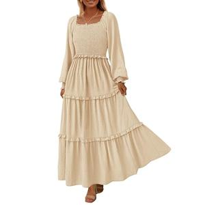 PRETTYGARDEN Fall Dresses for Women 2025 Long Sleeve Smocked Square Neck Swiss Dot Tiered Flowy Wedding Guest Maxi Dress (Beige,Large)