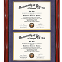 Double 8.5x11 Diploma Certificate Frame, Solid Wood & Tempered Glass, Cherry Lacquer Finish & Intricate Rope Detail, Purple over Gold Mat
