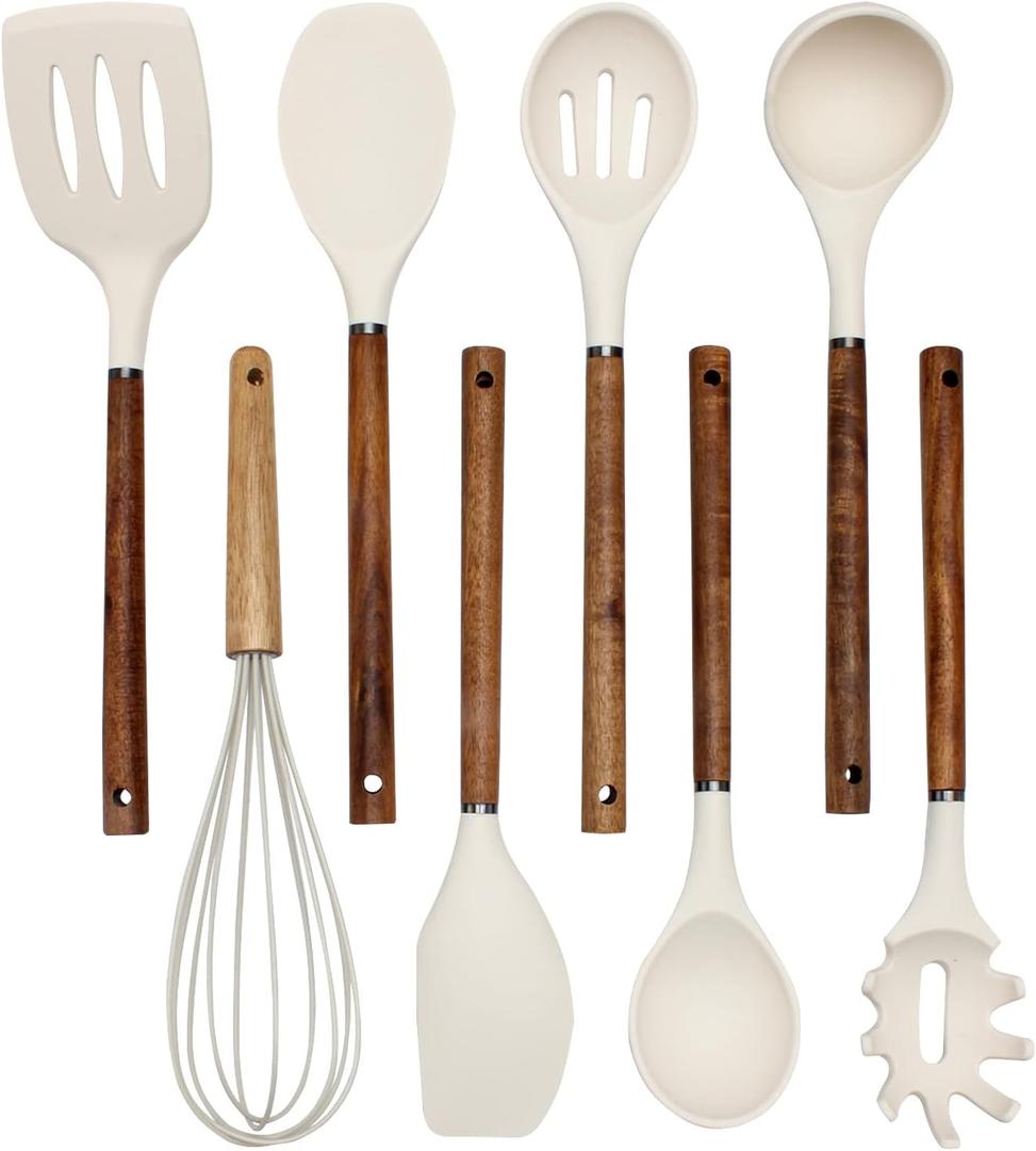 Country Kitchen Non Stick Silicone Utensil Set with Rounded Wood Handles for Cooking and Baking, 8 Piece Set, Khaki