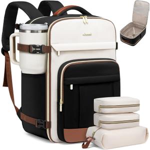 LOVEVOOK 40L Travel Backpack for Women & Men - 17.3 Inch Carry On Backpack & Personal Item Backpack for Airlines, Spacious and Durable Design, with 3 Packing Cubes (Large-40L-4Pcs, Black-beige-brown)