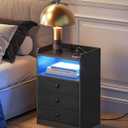 Nightstand with Charging Station and LED Light, Side Table with 3 Fabric Drawers Chest, End Table with USB Ports and Outlet, Bedside Table for Living Room, Bedroom, Black MBZ04UDBB