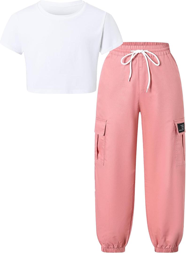 Betusline Girls 2 Piece Summer Outfits,Kids Casual Short Sleeve Crop Top & Cargo Jogger Pants Sets,4T-14Y