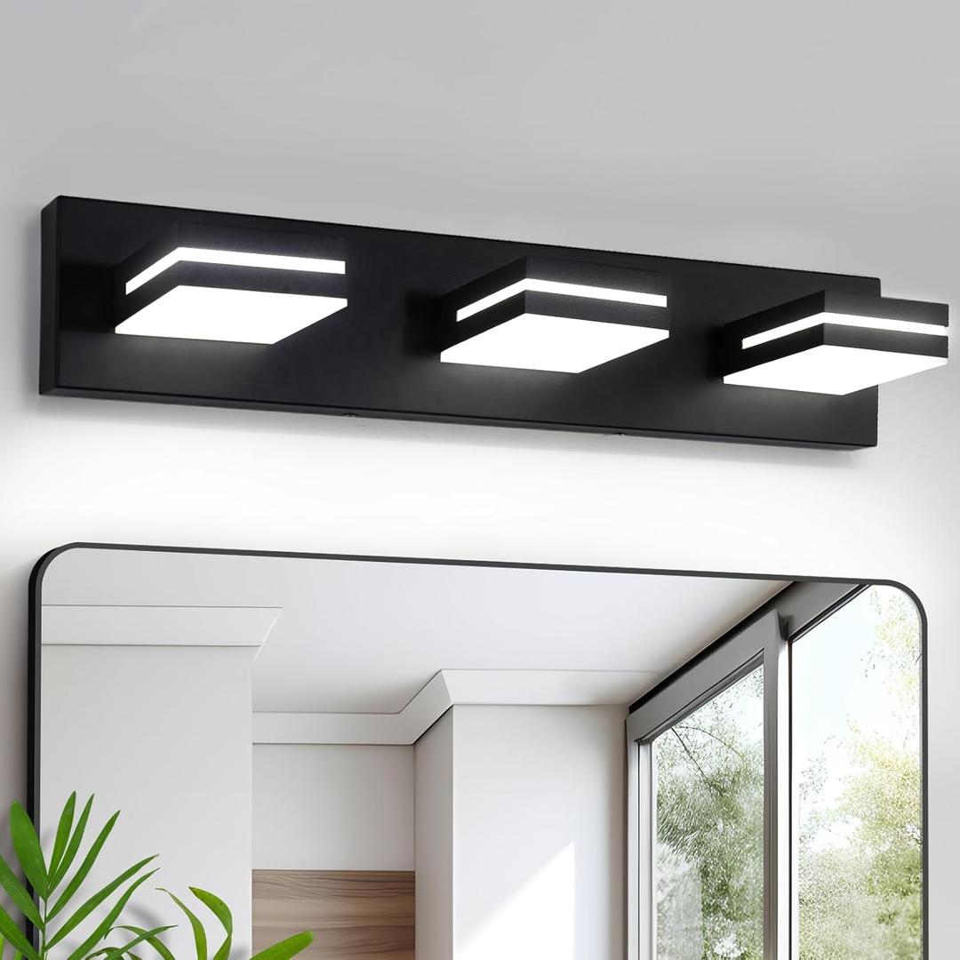 OKELI Bathroom Light Fixtures Black Modern 3-Lights Vanity Light Over Mirror LED Dimmable 350 Adjustable Lamp Head 24W 6000K Cool White ETL Listed 24 Inch