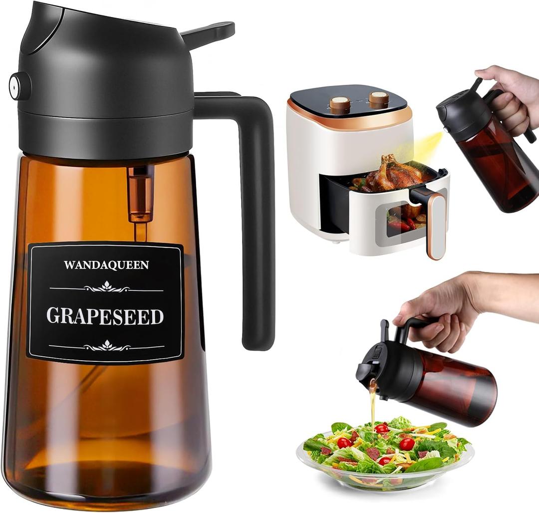 2 in 1 Oil Sprayer for Cooking, 16oz Olive Oil Dispenser Bottle for Kitchen Gadgets with 8 Stickers, Glass Bottle for Air Fryer (Dark Brown Bottle - Black Cap)