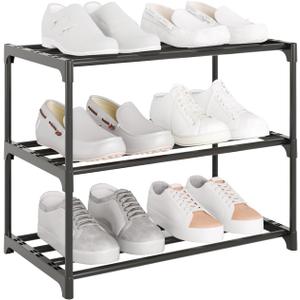 Small Metal Shoe Rack,Stackable Shoe Shelf Storage Organizer for Entryway, Hallway and Closet(3-Tier,Black)