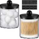 2 Pack Acrylic Qtip Holder Dispenser for Cotton Swabs, Balls, Pads, Floss - Plastic Canister Apothecary Jar Set, Bathroom Essentials Accessories Decor Vanity Makeup Storage Organizer - Clear & Black