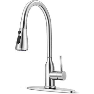 Herogo Kitchen Sink Faucets with Pull Down Sprayer Brushed Nickel, Stainless Steel High Arc Single Level Pull Out Faucets with Deck Plate for Farmhouse Laundry Rv Utility Wet Bar
